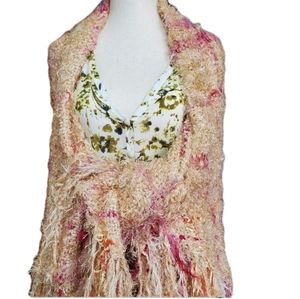 Handmade Shawl Hand Spun 100% Soft Wool 75" W Top 49" L Pink Cream New